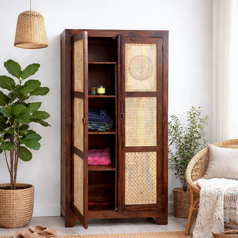 Dravidian Hand Carved Solid Wood 2 Door Wardrobe