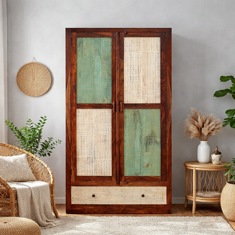 Noric Handcarved 2 Door Wardrobe with Wheel Castor