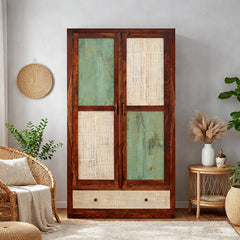 Noric Handcarved 2 Door Wardrobe with Wheel Castor