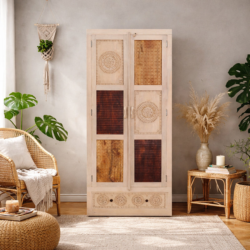 Manella Handcarved 2 Door Wardrobe with Wheel Castor