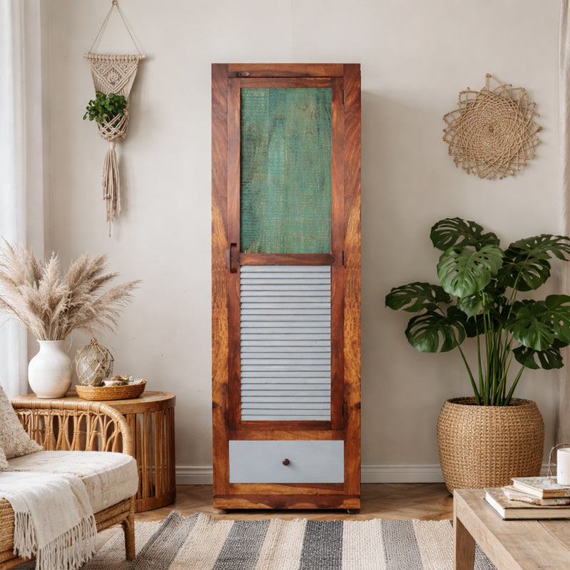 Noric Caspean Handcarved Single Door Wardrobe with Wheel Castor