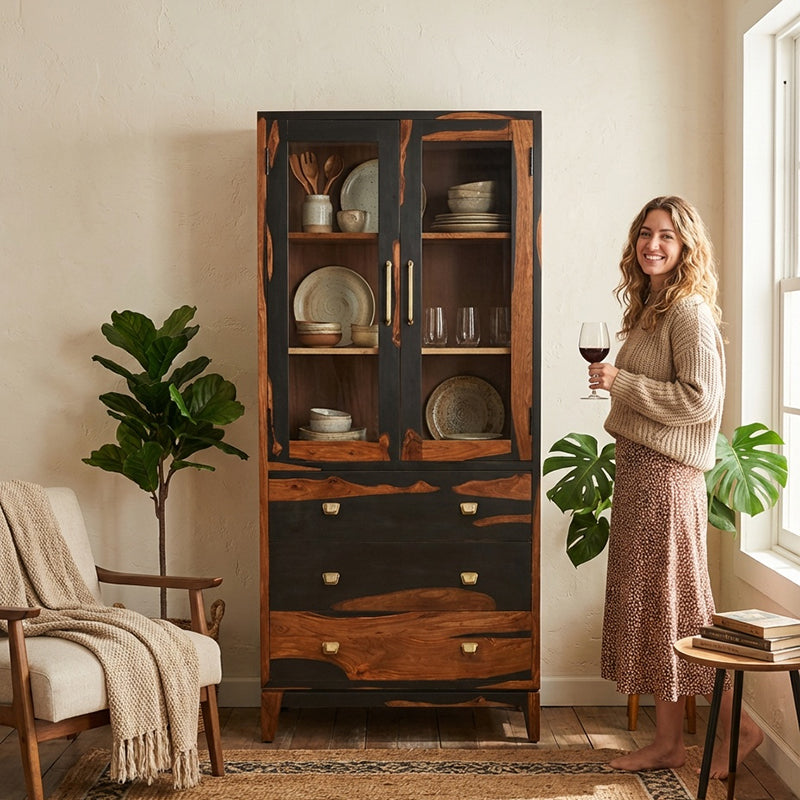 Aarambh Sheesham Wood Crockery Unit In Dual Tone Finish