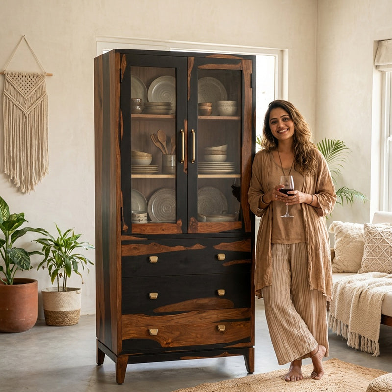 Aarambh Sheesham Wood Crockery Unit In Dual Tone Finish