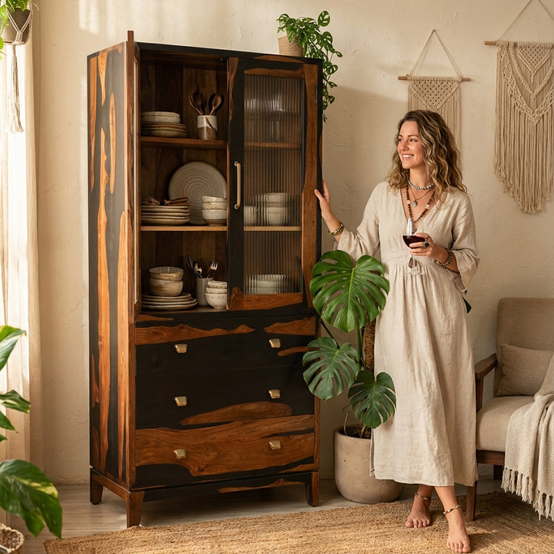 Aarambh Sheesham Wood Crockery Unit In Dual Tone Finish