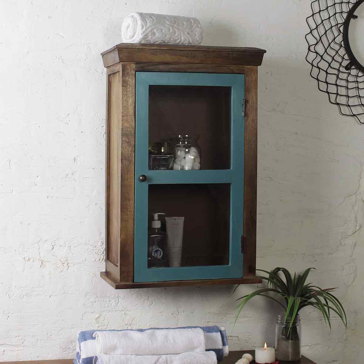 Solid Wood Vintage Blue Bathroom Cabinet 1