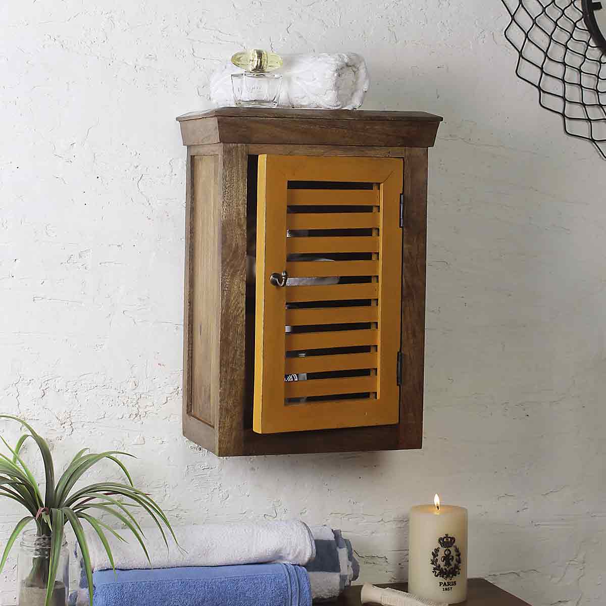 Solid Wood Vintage Yellow Bath Cabinet 1