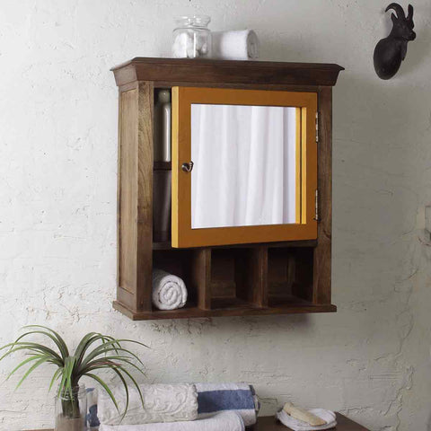 Solid Wood Vintage Yellow Bathroom Cabinet with Mirror 1