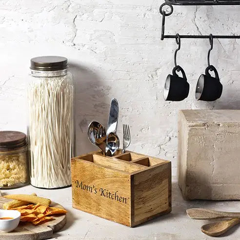 Natural wooden utensil holder