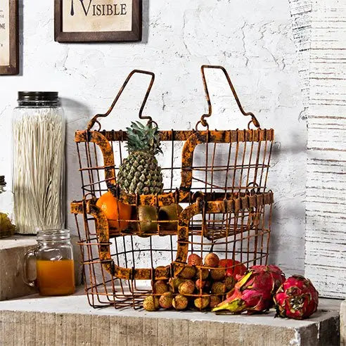 Rustic orange set of 2 metal baskets