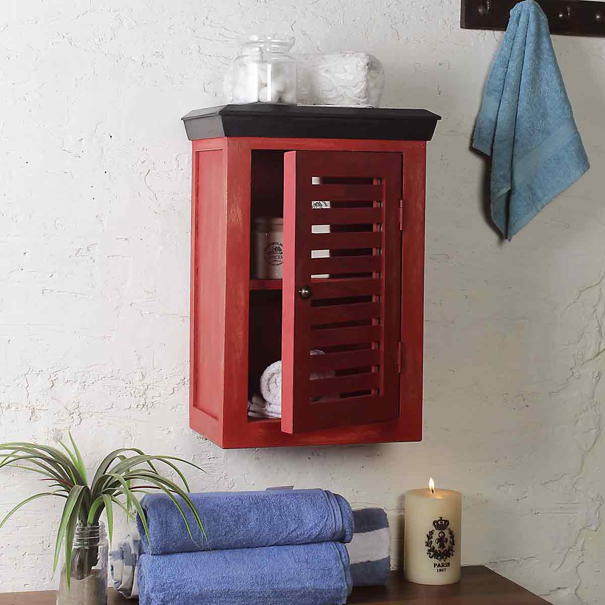 Solid Wood Vintage Red Bath Cabinet 1