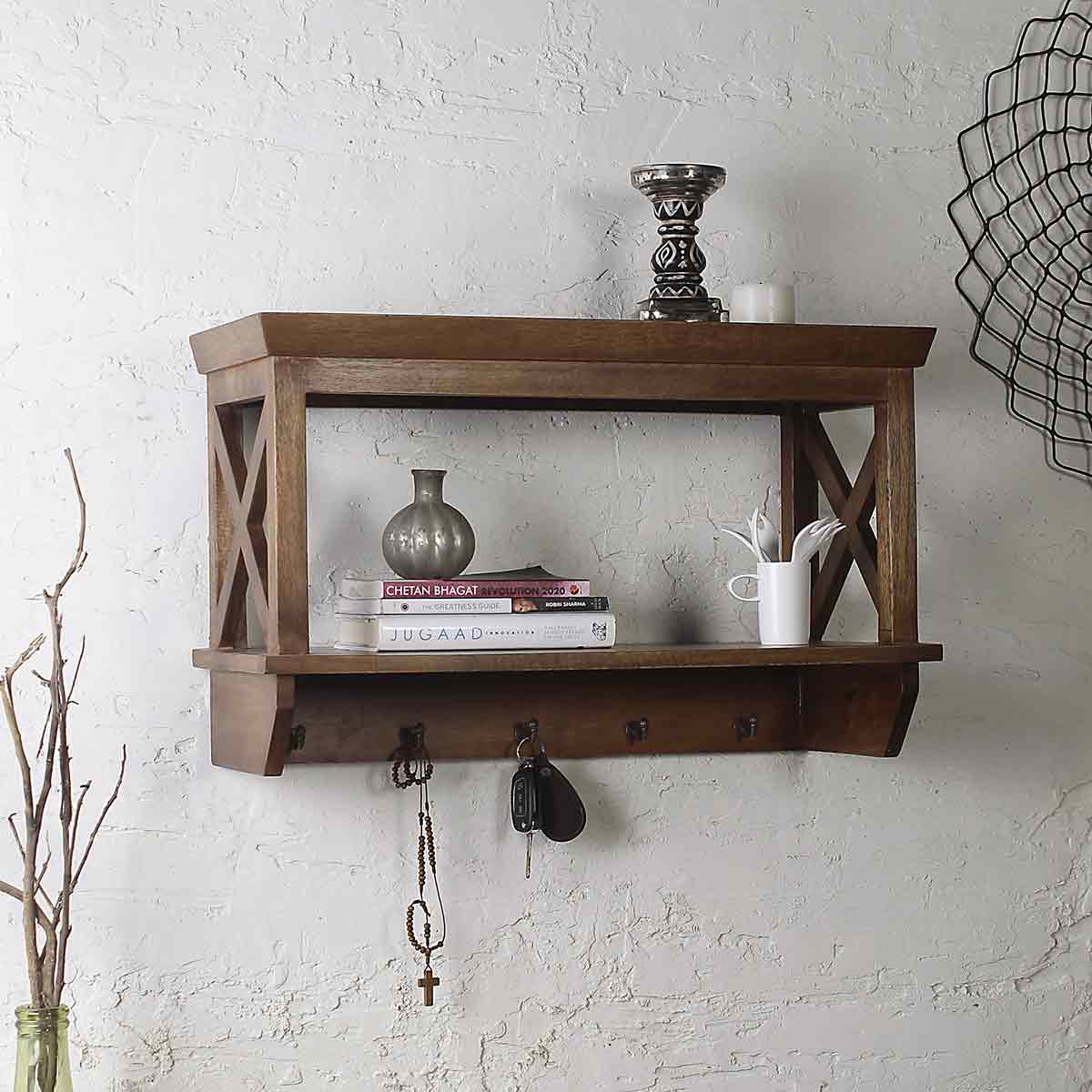 Alonza Solid Wood Wall Shelf with hooks