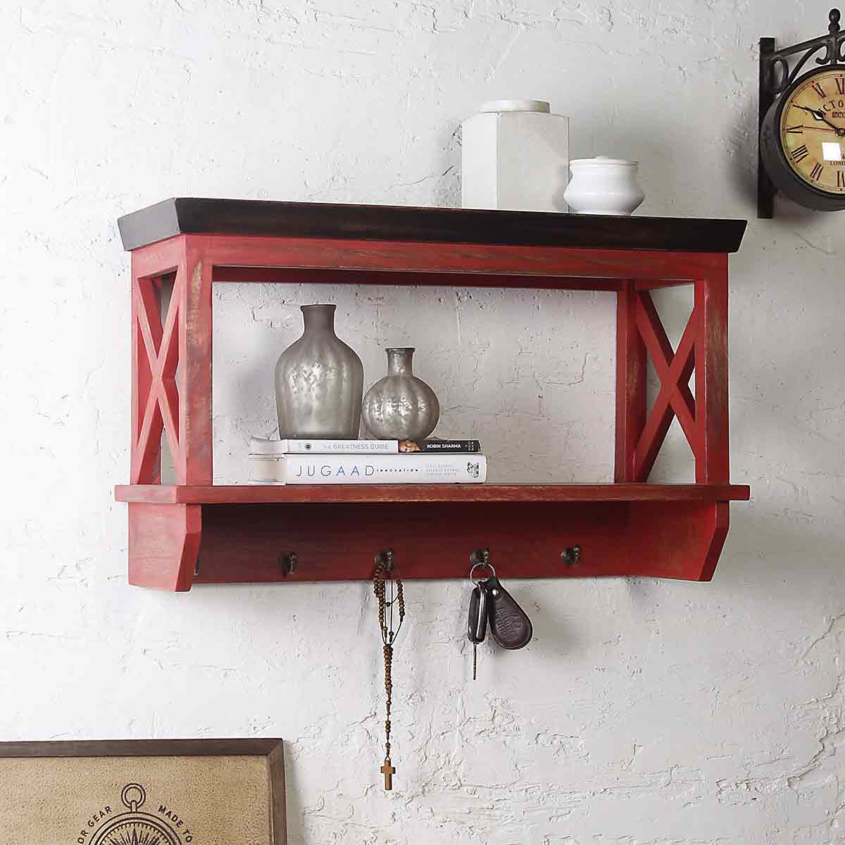 Alonza Solid Wood Distress Red Wall Shelve with hooks 1