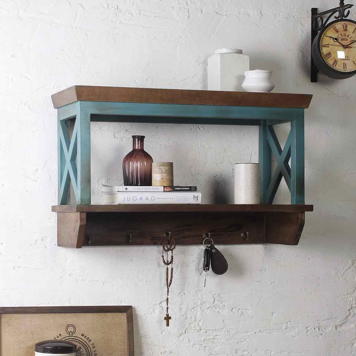 Alonza Solid Wood Vintage Green Wall Shelve with hooks 1