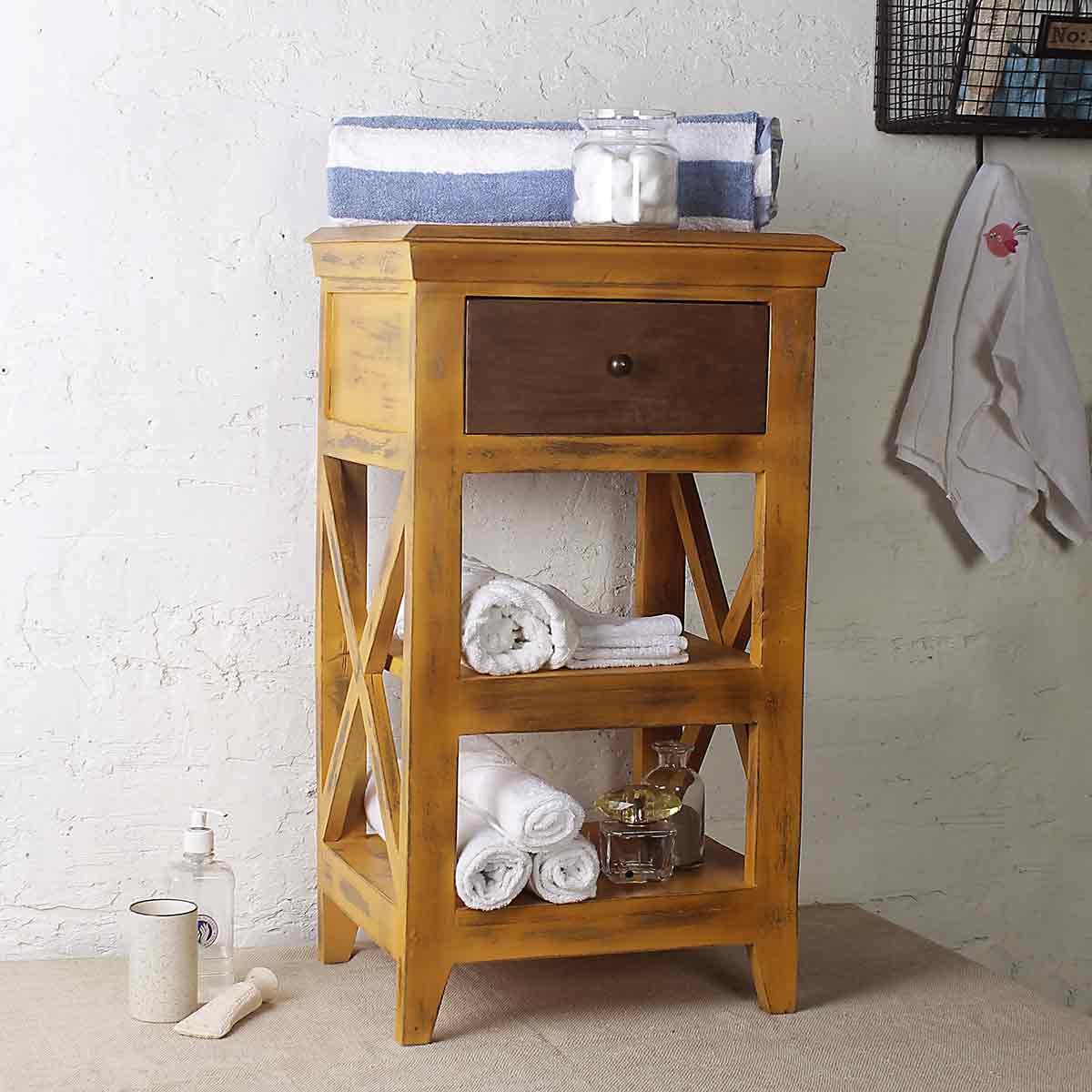 Solid Wood Distress Yellow Bathroom Floor Shelves 1