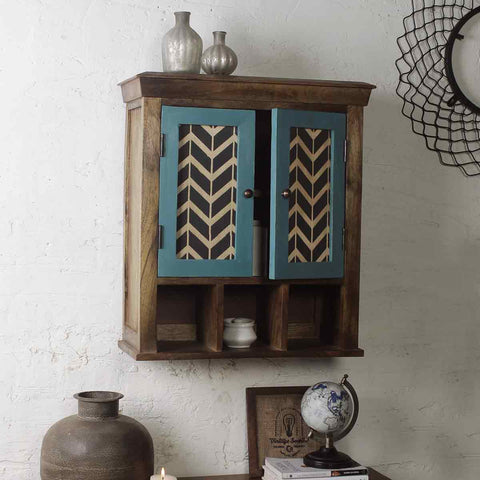 Alfredo Solid Wood Natural & Vintage Green Wall Shelve Double Door 1