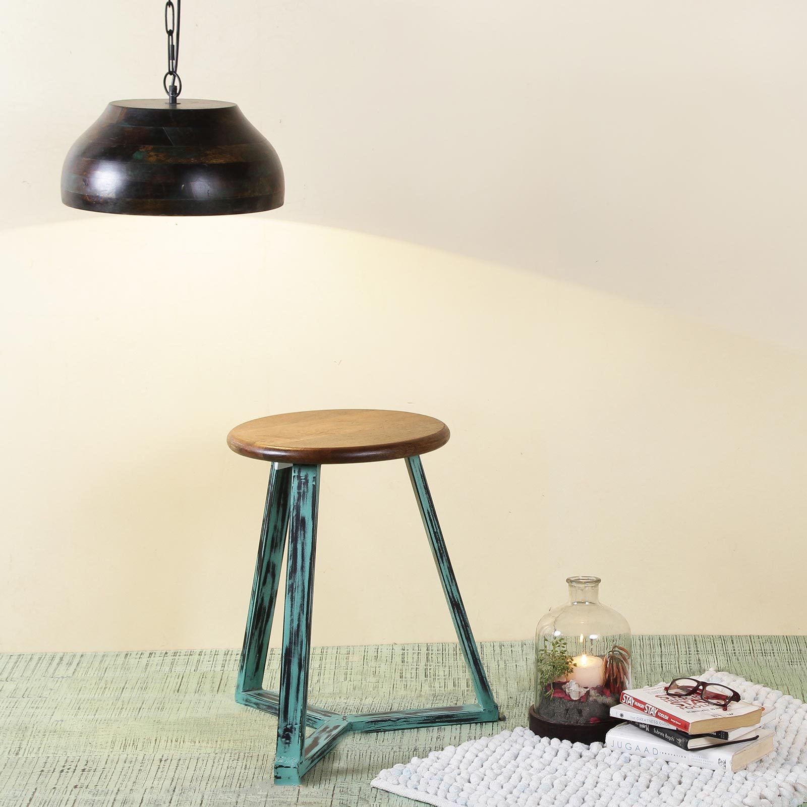 Vintage Green Iron and Wood Stool