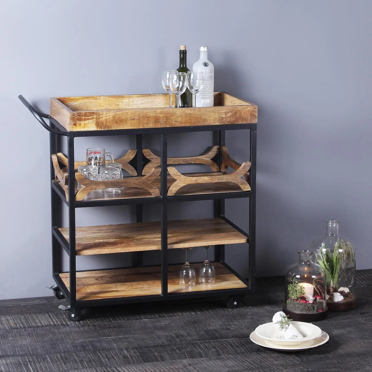 Salome Solid Wood and Iron Bar Trolly