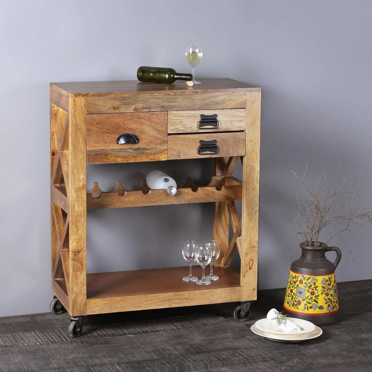 Simon Solid Wood Bar Cabinet Cum Trolly