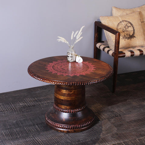 Kolam Solid Wood Hand Painted Round Coffee Table in Walnut