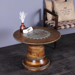 Kolam Solid Wood Hand Painted Round Coffee Table in Teak