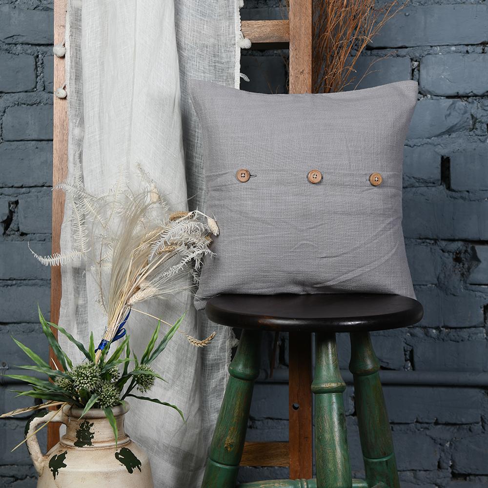 Buttoned Grey Cotton Cushion Cover
