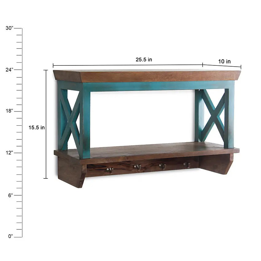 Alonza Solid Wood Vintage Blue Wall Shelf with hooks