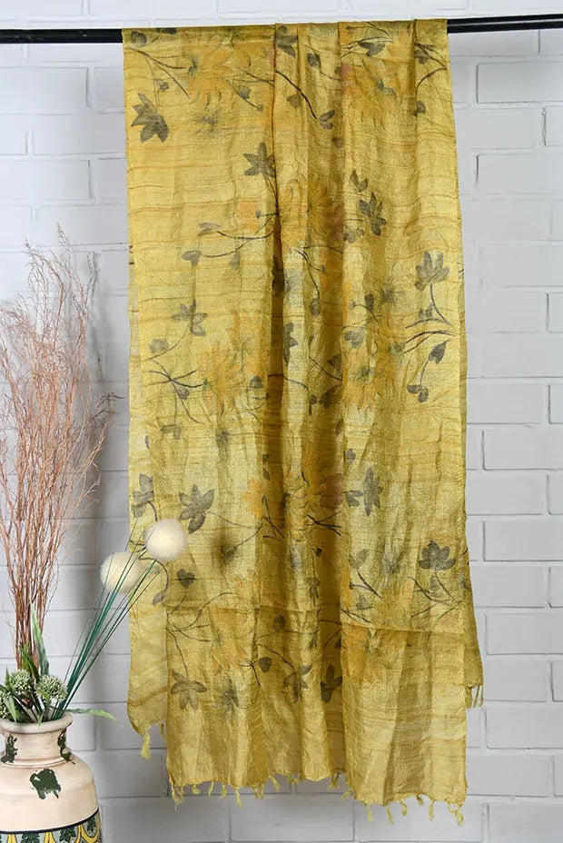 Yellow handpainted tussar silk dupatta