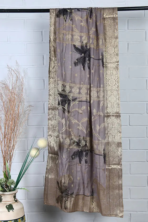 Grey-gold handwoven banarasi silk dupatta - Fabuliv