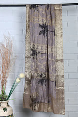 Grey-gold handwoven banarasi silk dupatta - Fabuliv