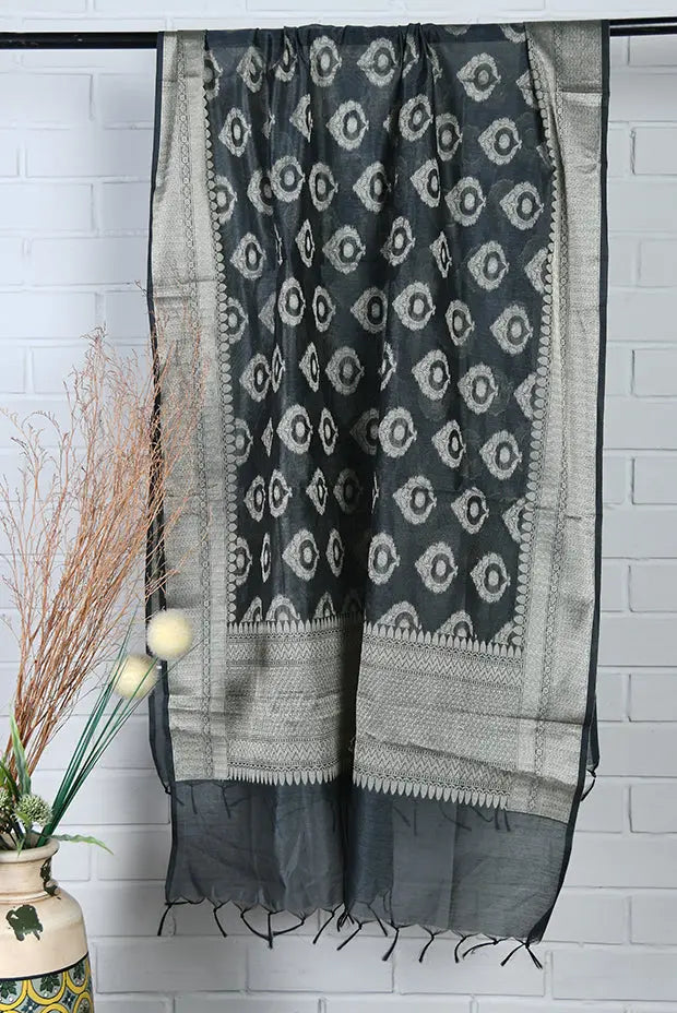 Black-silver tissue silk dupatta - Fabuliv