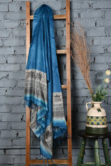 Blue-black hand painted tussar silk dupatta - Fabuliv