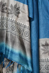 Blue-black hand painted tussar silk dupatta - Fabuliv