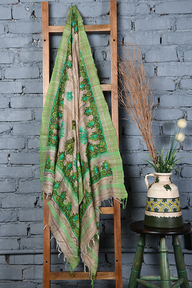 Beige-green handembroidered khadi silk dupatta