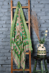 Beige-green handembroidered khadi silk dupatta