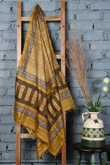 Yellow-black hand painted tussar silk dupatta - Fabuliv