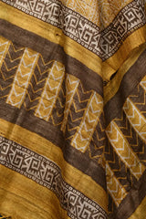 Yellow-black hand painted tussar silk dupatta - Fabuliv