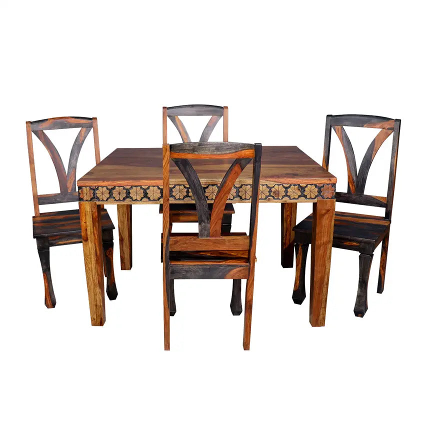 Victoire Solid Wood 4 Seater Dining Set with Hand Carving