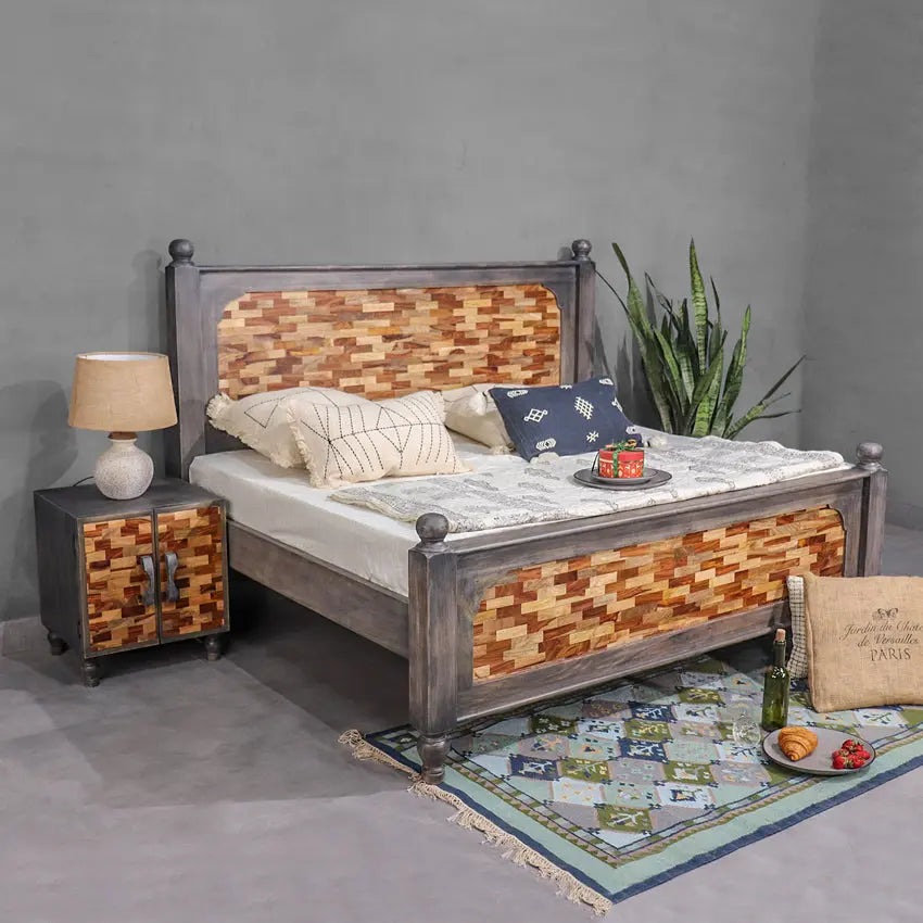 Frediano Solid Wood Bed in Vintage Grey Finish without Storage