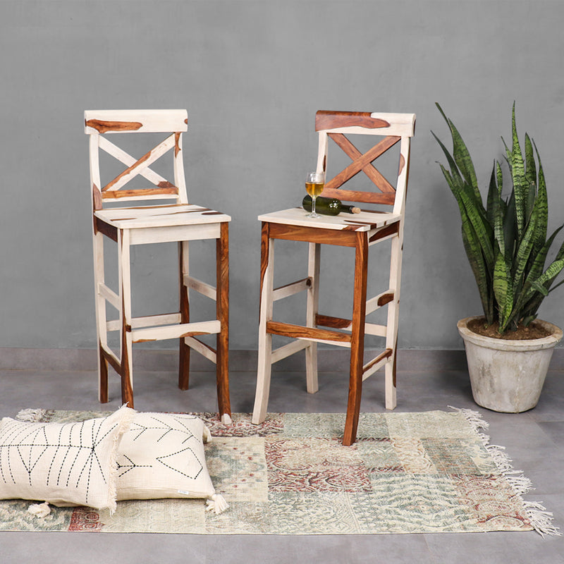 Delfina Solid Wood Bar Stool in White and Teak Finish Set of 2