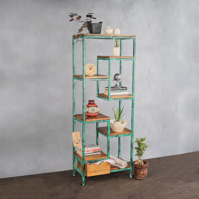 Jonas Iron and Wood Display Unit in Distress Green