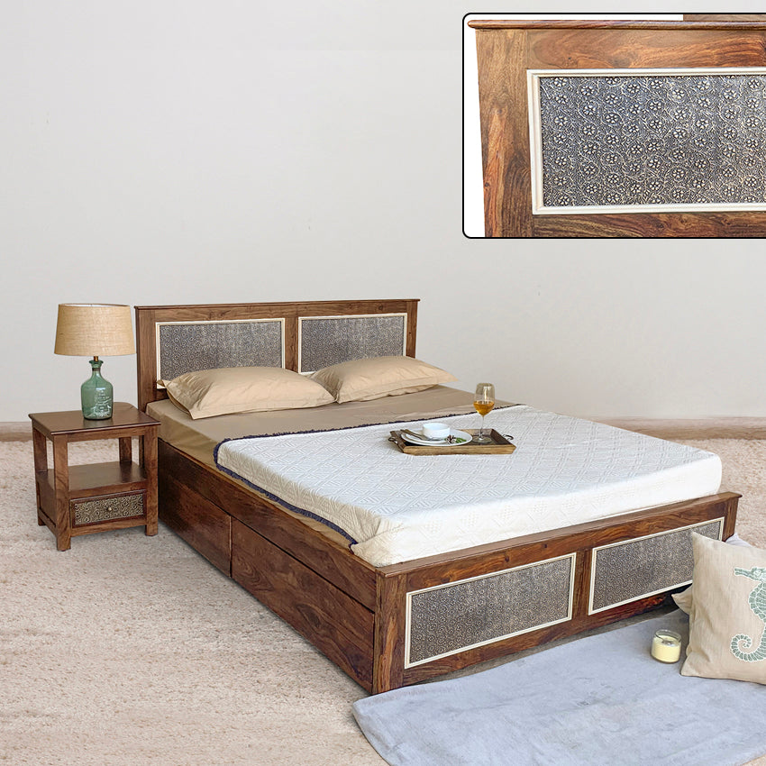 Solid Sheesham Wood Bed with Drawers Storage
