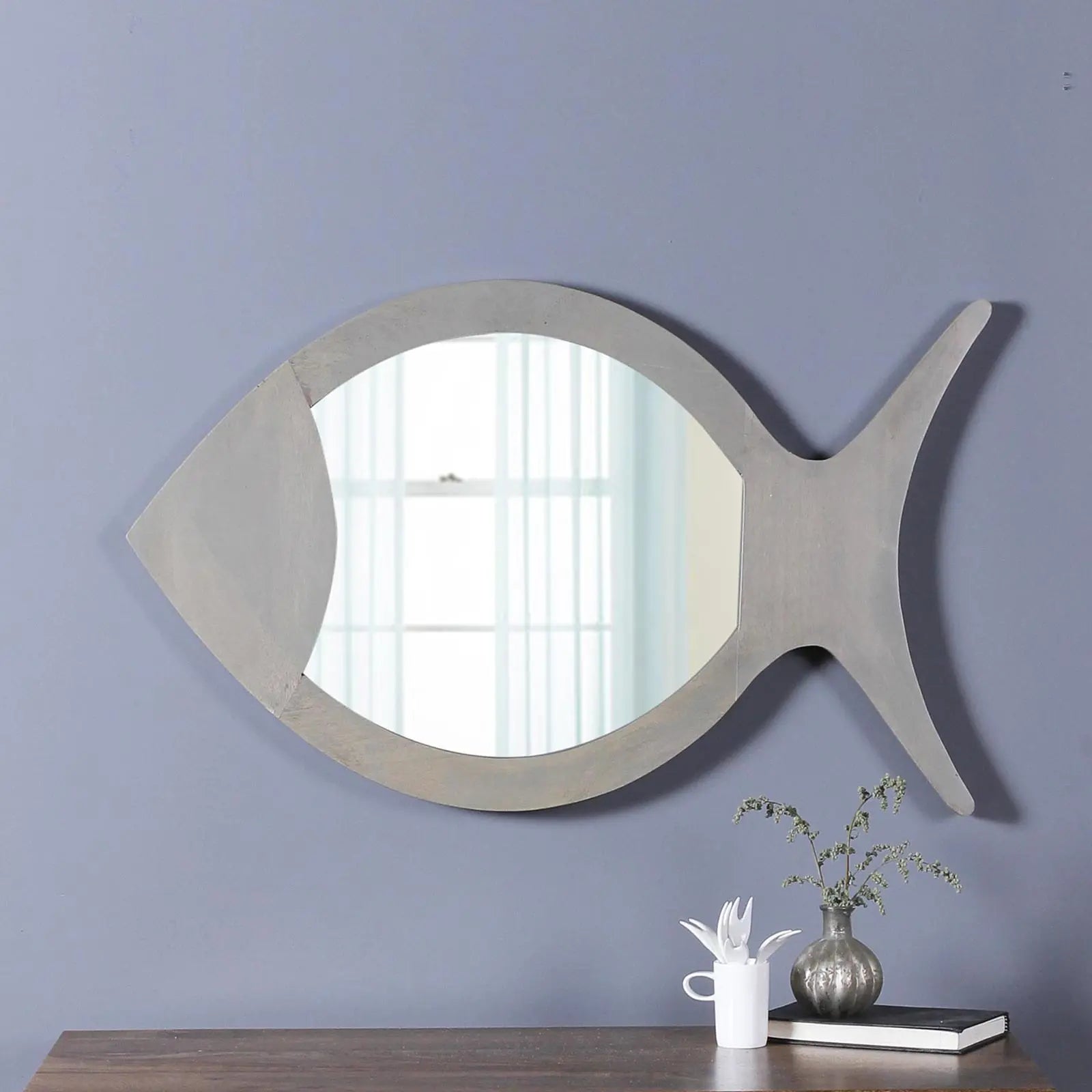 Ines Solid Wood Hand Carved Wall Mirror in Grey