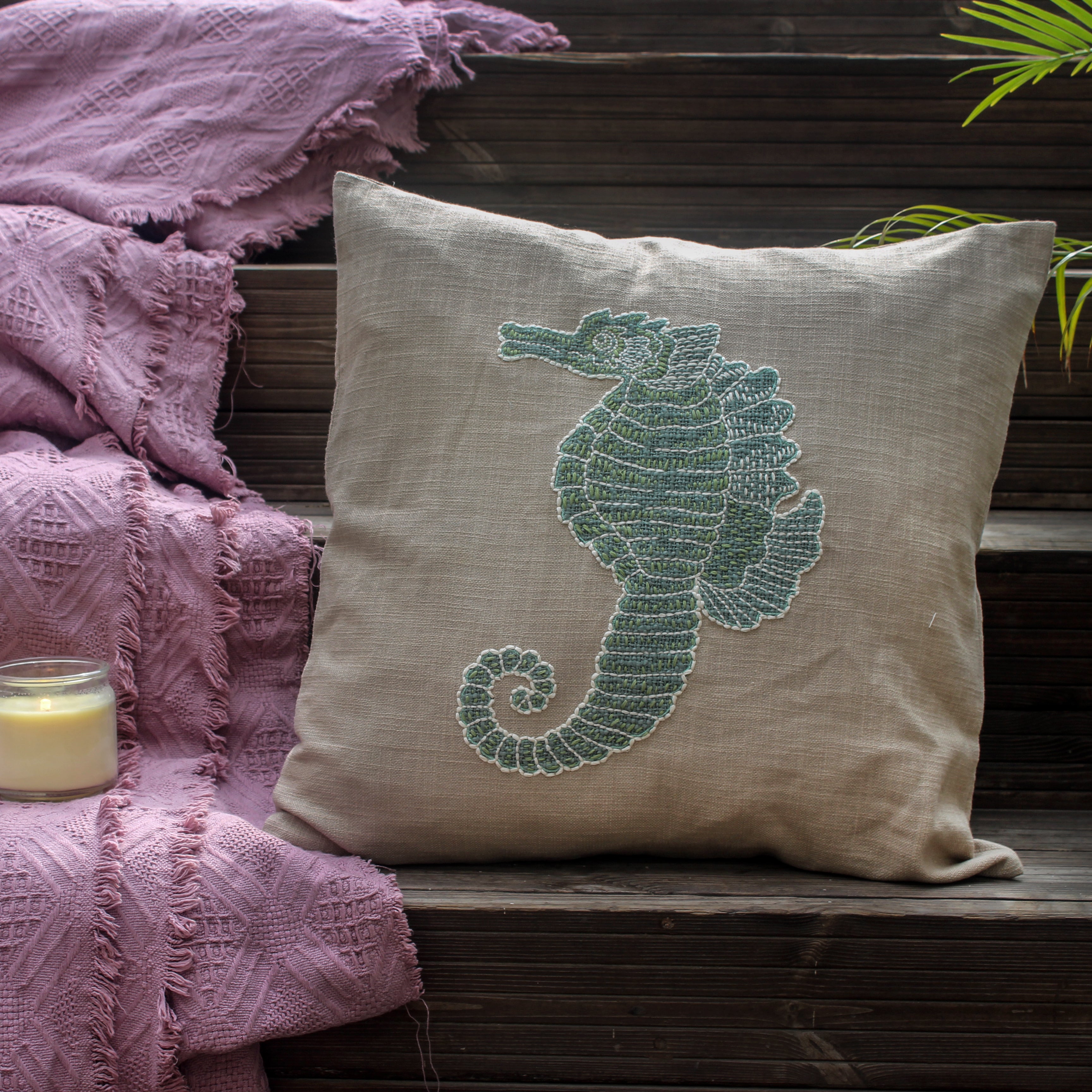 Sea Horse hand Embroidered Cushion Cover