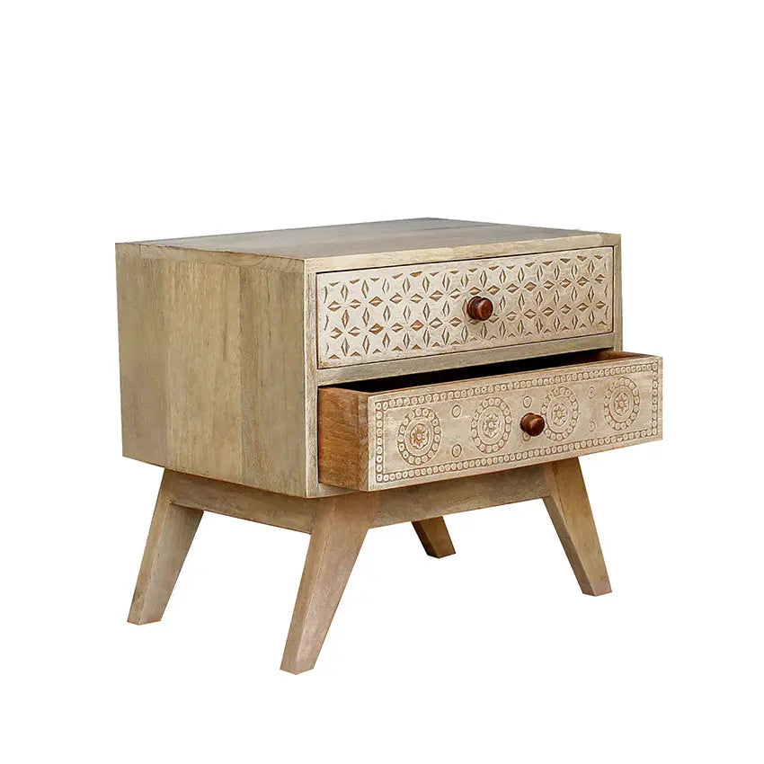 Dravidian Hand Carved Solid Wood Bedside Table - Fabuliv