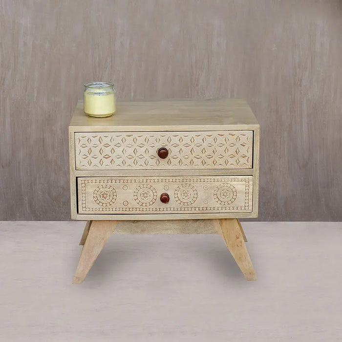 Dravidian Hand Carved Solid Wood Bedside Table - Fabuliv