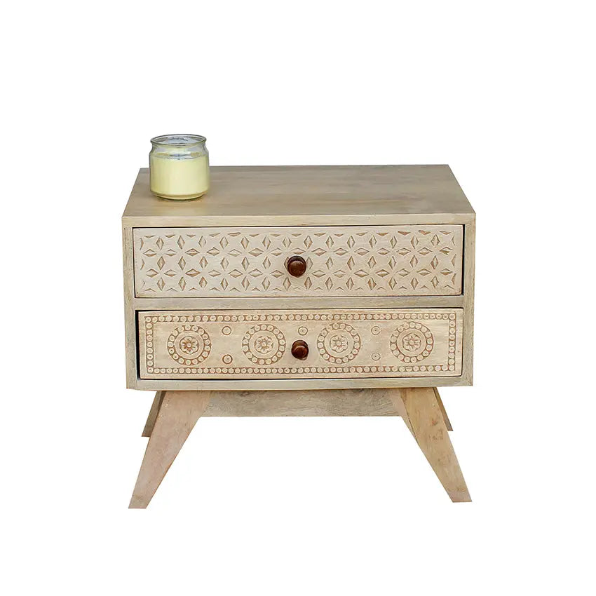 Dravidian Hand Carved Solid Wood Bedside Table - Fabuliv