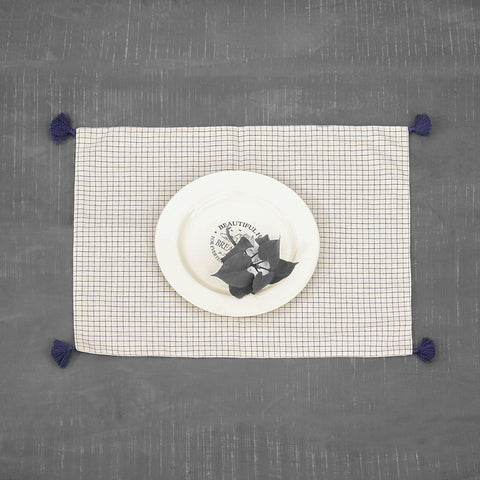 Blue Grid Placemat with Tassels set of 6