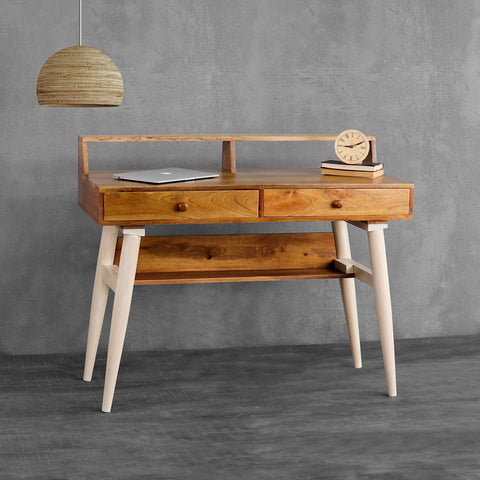 Austin Solid Wood Study Table in Vintage Teak and White