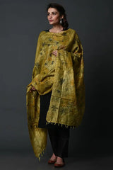 Yellow handpainted tussar silk dupatta