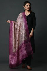 Mauve handpainted tussar silk dupatta - Fabuliv